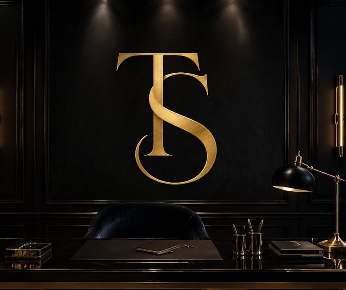 TS monogram in gold on a dark executive office wall